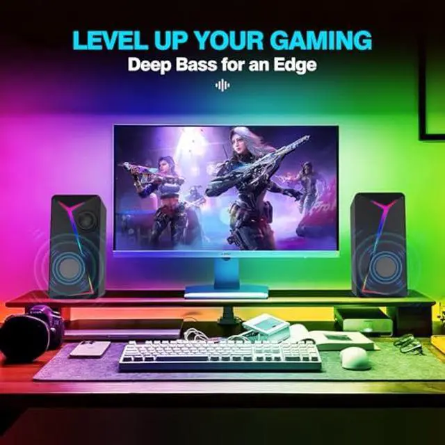 Alt view image 2 of 5 - AYJBKL Computer Speakers for Desktop PC, USB Powered Gaming Speakers with 2 Bass-Boost Ports, Multi Colorful LED Backlight Modes, Stereo Sound for Gamers Music Movies, 3.5mm AUX Cable
