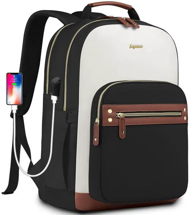 Main image of Laptop Backpack for Women Bag - 15.6 inch Work Bags with USB Charger College Bookbag Waterproof Business Computer Backpack Casual Travel Backpacks for Women Nurse Teacher Beige-Black-Brown