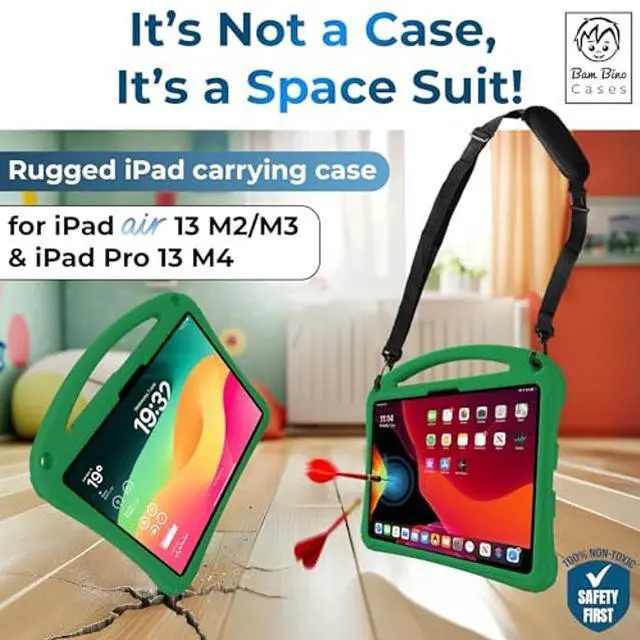 Alt view image 2 of 5 - Bam Bino Space Suit Rugged Kids Case for Apple iPad Pro 13 M4, iPad Air 13 M2/M3 (2024/2025) Case for Kids with Built-in Screen Protector, Handle, Stand, Pencil Holder, Shoulder Strap (Mint Green)