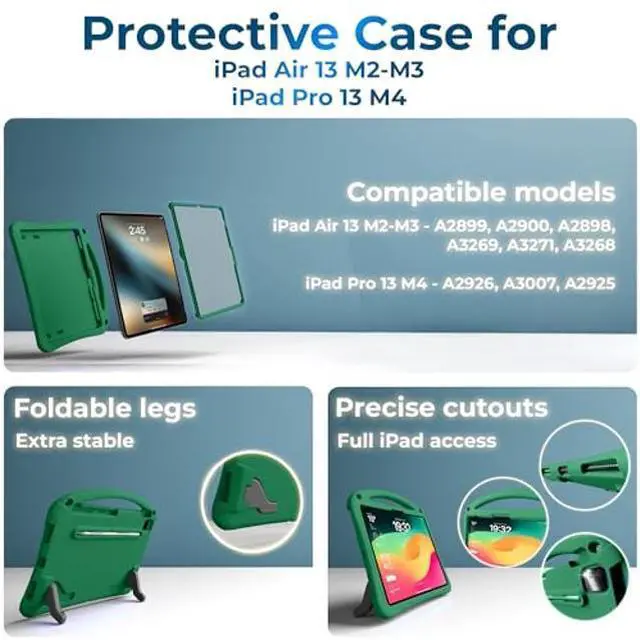 Alt view image 4 of 5 - Bam Bino Space Suit Rugged Kids Case for Apple iPad Pro 13 M4, iPad Air 13 M2/M3 (2024/2025) Case for Kids with Built-in Screen Protector, Handle, Stand, Pencil Holder, Shoulder Strap (Mint Green)