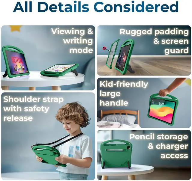 Alt view image 3 of 5 - Bam Bino Space Suit Rugged Kids Case for Apple iPad Pro 13 M4, iPad Air 13 M2/M3 (2024/2025) Case for Kids with Built-in Screen Protector, Handle, Stand, Pencil Holder, Shoulder Strap (Mint Green)