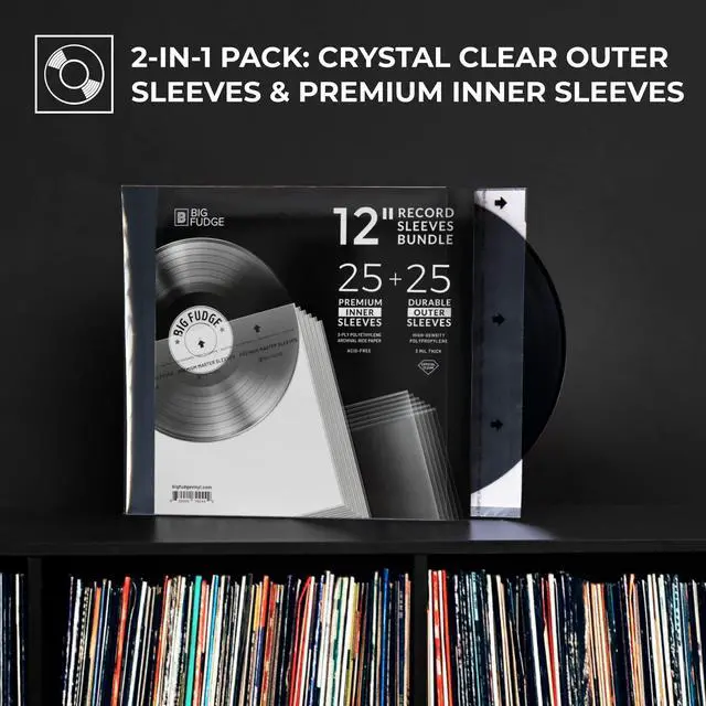 Alt view image 2 of 5 - BIG FUDGE Vinyl Sleeves Inner and Outer - Vinyl Record Sleeves Inner and Outer - 25 x 12 High-Density Polypropylene Album Covers & 25 x 12 Archival Anti-Static Rice Paper Inner