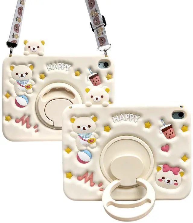 Main image of Beszeith for iPad (A16) 11th/10th Generation 11''/10.9'' 2025/2022 Case for Kids Boys Girls with Pencil Holder& Strap, Cute Bear Design, Soft Silicone & Rotatable Kickstand Table Case (White)