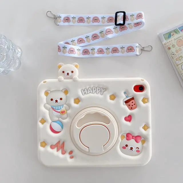 Alt view image 2 of 5 - Beszeith for iPad (A16) 11th/10th Generation 11''/10.9'' 2025/2022 Case for Kids Boys Girls with Pencil Holder& Strap, Cute Bear Design, Soft Silicone & Rotatable Kickstand Table Case (White)