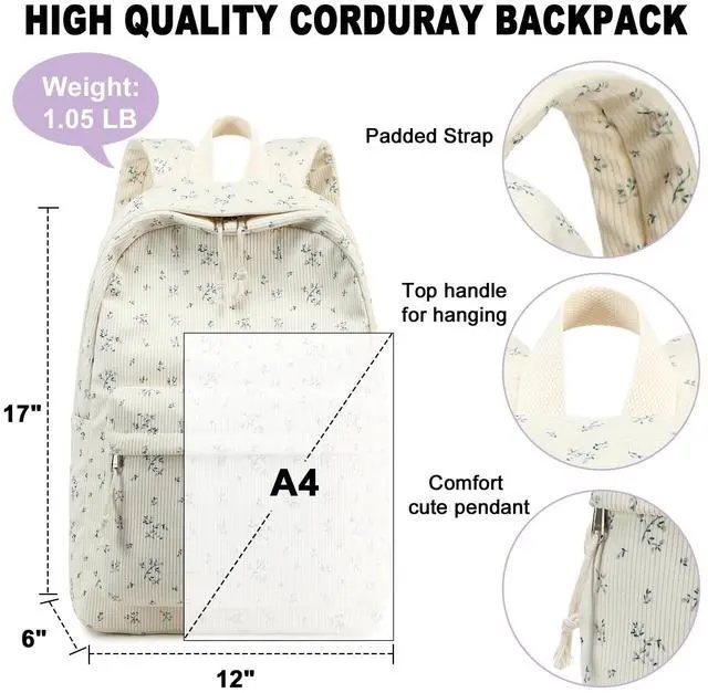 Alt view image 3 of 5 - BTOOP School Backpack for Teens Large Corduroy Bookbag Lightweight Girls Boys Casual High School College 17 inch Laptop Travel Bag (Purple-Flower)