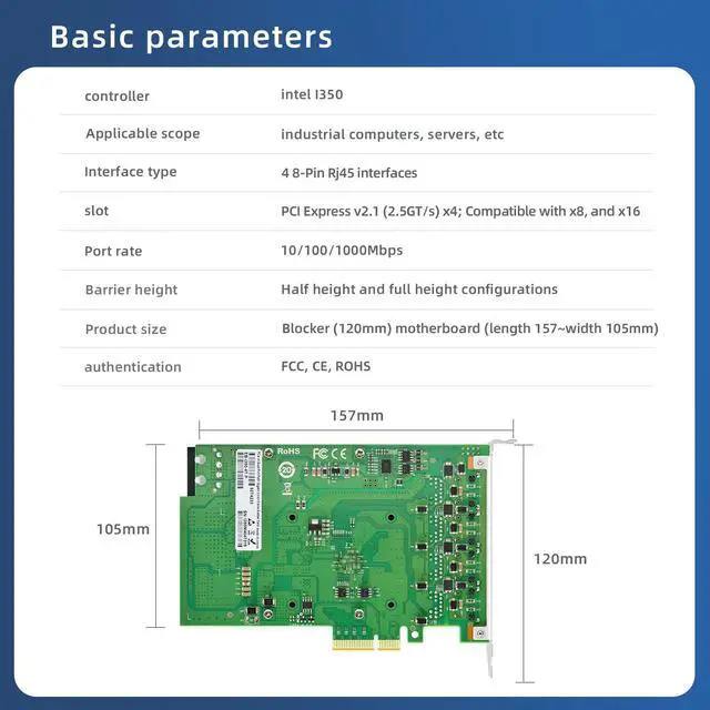 Alt view image 3 of 5 - Buacoz PCIe X4 Quad-Port Gigabit Network Card POE Powered Server with Intel I350-T4 RJ45 NIC Card LAN Ethernet Adapter Support Windows Server Linux Ubuntu VMware