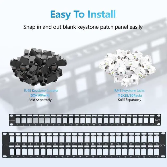 Alt view image 2 of 5 - CableGeeker 1U 24 Port Keystone Patch Panel with Cable Management and Sturdy Back Bar, Rackmount or Wall Mount Standard 19-inch Blank RJ45 Network Patch Panel for Keystone Jacks/Keystone Panel
