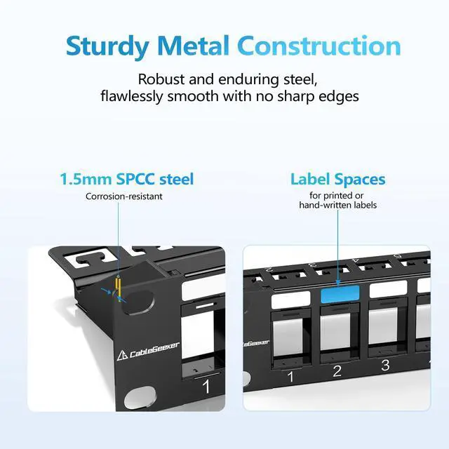 Alt view image 3 of 5 - CableGeeker 1U 24 Port Keystone Patch Panel with Cable Management and Sturdy Back Bar, Rackmount or Wall Mount Standard 19-inch Blank RJ45 Network Patch Panel for Keystone Jacks/Keystone Panel