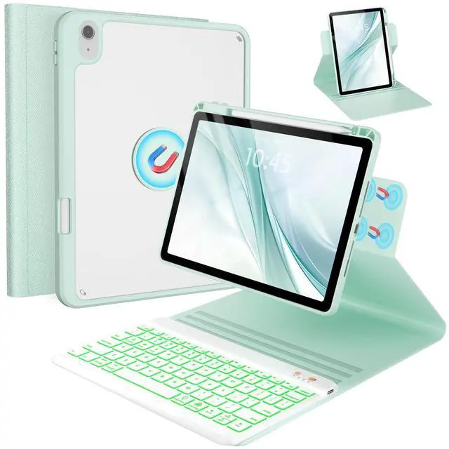 Main image of BLUTLOTUS Keyboard Case for iPad 10th Generation 10.9 inch 2022, 360deg Rotatable Magnetic Keyboard Case with Pencil Holder Groove Design, 7 Color Backlit Detachable Keyboard (Mint Green)