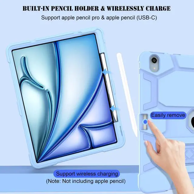 Alt view image 4 of 5 - CCMAO for New iPad Air 13 inch (M3/M2) Case 2024, iPad Air 13 Cover with Pencil Holder and Kickstand, Support Touch ID, Complete Protection Heavy Duty Shockproof Protective Case for Kids, Light Blue