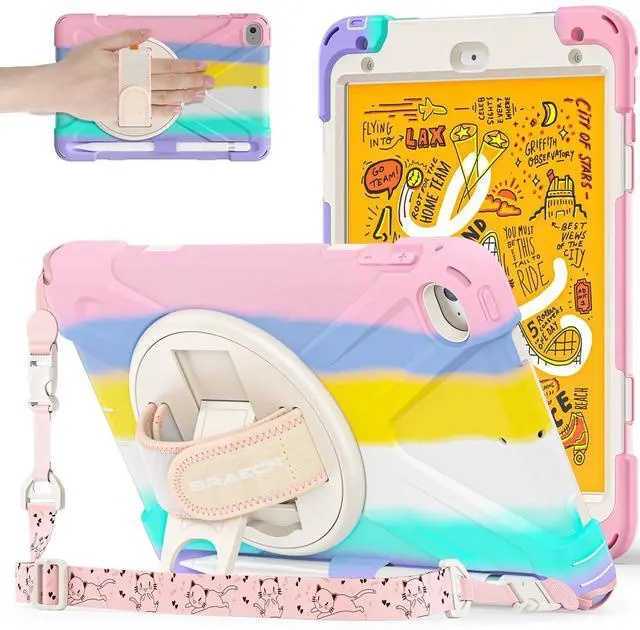 Main image of BRAECNstock Kids Case for Apple iPad Mini 5/4 7.9" 2019/2015, Shockproof Protective with Pencil Holder, Rotating Hand Strap & Stand, Shoulder Strap, Case for iPad Mini 5th/4th Gen, Colorful Pink