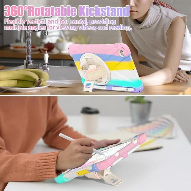 Alt view image 4 of 5 - BRAECNstock Kids Case for Apple iPad Mini 5/4 7.9" 2019/2015, Shockproof Protective with Pencil Holder, Rotating Hand Strap & Stand, Shoulder Strap, Case for iPad Mini 5th/4th Gen, Colorful Pink