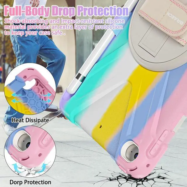 Alt view image 5 of 5 - BRAECNstock Kids Case for Apple iPad Mini 5/4 7.9" 2019/2015, Shockproof Protective with Pencil Holder, Rotating Hand Strap & Stand, Shoulder Strap, Case for iPad Mini 5th/4th Gen, Colorful Pink