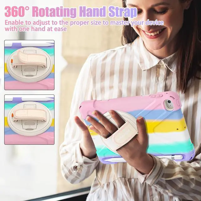 Alt view image 3 of 5 - BRAECNstock Kids Case for Apple iPad Mini 5/4 7.9" 2019/2015, Shockproof Protective with Pencil Holder, Rotating Hand Strap & Stand, Shoulder Strap, Case for iPad Mini 5th/4th Gen, Colorful Pink