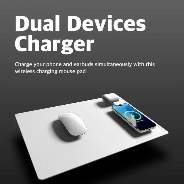 Alt view image 2 of 5 - POUT H3 PRO Dual Qi Wireless Charging Mouse Pad - Dual Fast Wireless Chargers for Smartphones and Earbuds - Smooth Surface with Anti-Slip Base for Home and Office Use (Polar White)