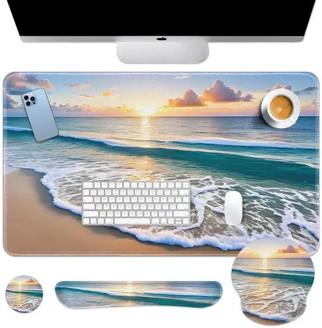 Main image of Britown Beach Summer Sun Desk Mat, Sea Blue Orange Mouse Pad Set 4-in-1 Large Mousepad+Keyboard Wrist Rest+Mouse Wrist Rest+Coaster with Ergonomic Design, Non-Slip Mat
