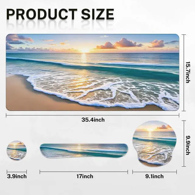 Alt view image 2 of 5 - Britown Beach Summer Sun Desk Mat, Sea Blue Orange Mouse Pad Set 4-in-1 Large Mousepad+Keyboard Wrist Rest+Mouse Wrist Rest+Coaster with Ergonomic Design, Non-Slip Mat