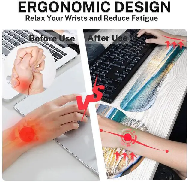 Alt view image 3 of 5 - Britown Beach Summer Sun Desk Mat, Sea Blue Orange Mouse Pad Set 4-in-1 Large Mousepad+Keyboard Wrist Rest+Mouse Wrist Rest+Coaster with Ergonomic Design, Non-Slip Mat