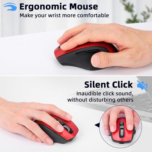 Alt view image 2 of 5 - CHHI Wireless Bluetooth Mouse with USB A, USB C Receiver, Rechargeable, Multi Device Mouse, Silent, Ergonomic, Full Size, Portable, for iPad/MacBook/PC/Computer/Laptop-Red