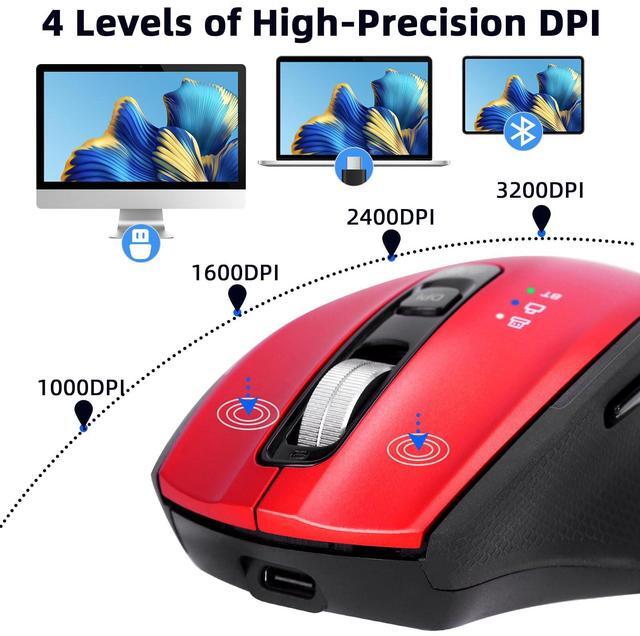 Alt view image 3 of 5 - CHHI Wireless Bluetooth Mouse with USB A, USB C Receiver, Rechargeable, Multi Device Mouse, Silent, Ergonomic, Full Size, Portable, for iPad/MacBook/PC/Computer/Laptop-Red