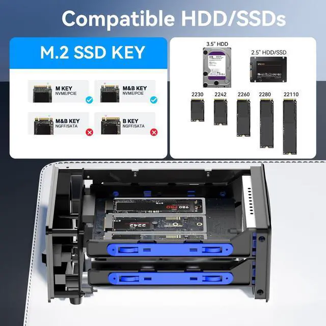 Alt view image 5 of 5 - CENMATE Hybrid 2.5/3.5" SATA HDD/SSD+3* M / B+M Key M.2 NVMe Enclosure with Cooling Fan and USB A/C 3.2 Gen 2 (10Gbps), Hard Drive Enclosure Support 46TB(22TB HDD+3*8TB 2230/2242/2260/2280/22110 SSDs)