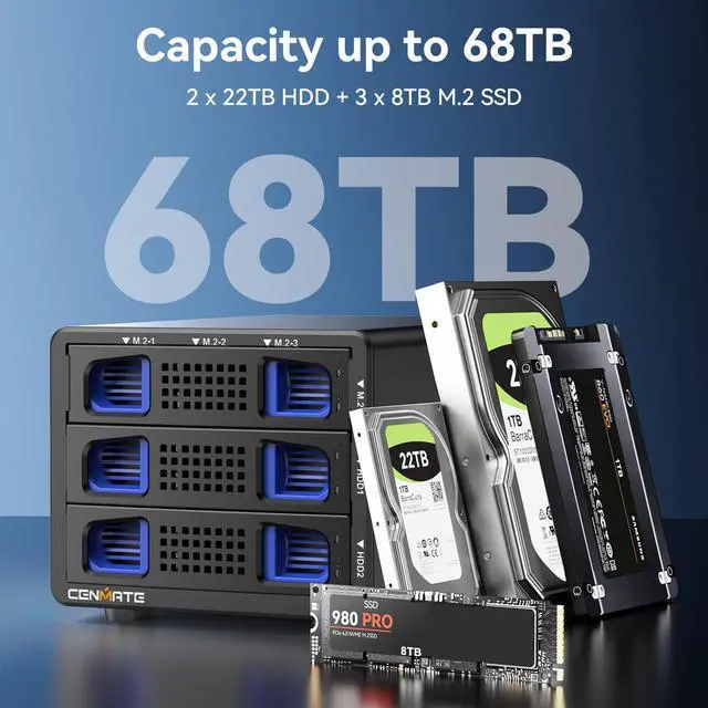 Alt view image 2 of 5 - CENMATE Hybrid 2*2.5/3.5" SATA HDD/SSD+3* M / B+M Key M.2 NVMe Enclosure with Cooling Fan and USB A/C 3.2 Gen 2, Hard Drive Enclosure Support 68TB(2*22TB HDD+3*8TB 2230/2242/2260/2280/22110 SSDs)