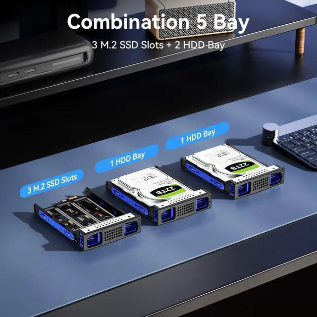 Alt view image 4 of 5 - CENMATE Hybrid 2*2.5/3.5" SATA HDD/SSD+3* M / B+M Key M.2 NVMe Enclosure with Cooling Fan and USB A/C 3.2 Gen 2, Hard Drive Enclosure Support 68TB(2*22TB HDD+3*8TB 2230/2242/2260/2280/22110 SSDs)