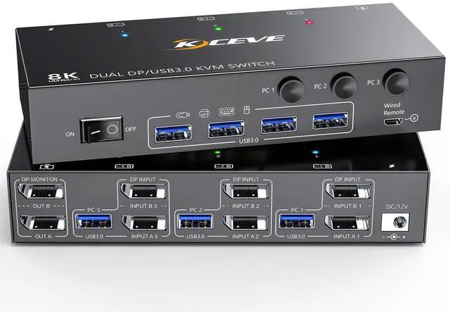 Main image of 8K Displayport KVM Switch 2 Monitors 3 Computers 8K@60Hz 4K@144Hz,Camgeet Dual Monitor KVM Switch Displayport with 4 USB 3.0 Ports for USB Devices,Wired Remote and 12V Power Adapter Included