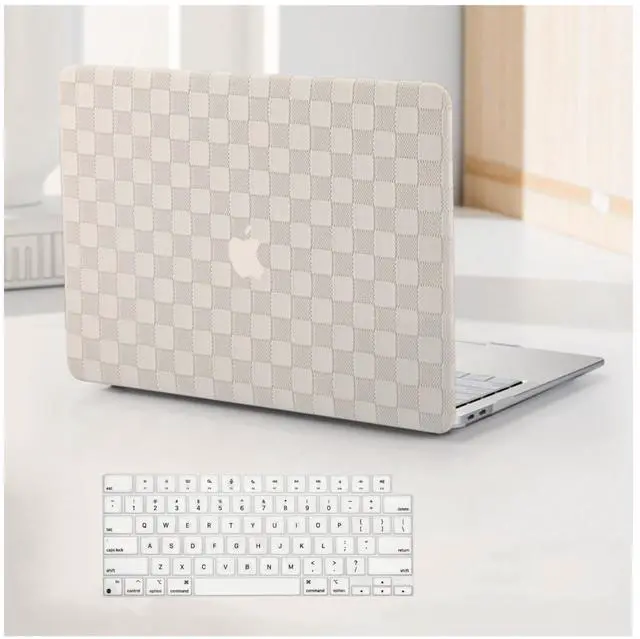 Main image of BYCeKe Compatible with MacBook Air 15 inch Case 2023 2024 2025 M4 A3241 M3 A3114 M2 A2941, Checkered Textured Cream Leather Hard Shell Cases & Keyboard Cover for Mac Air 15 Laptop, Beige Checkerboard
