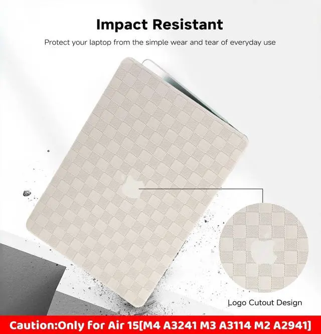 Alt view image 4 of 5 - BYCeKe Compatible with MacBook Air 15 inch Case 2023 2024 2025 M4 A3241 M3 A3114 M2 A2941, Checkered Textured Cream Leather Hard Shell Cases & Keyboard Cover for Mac Air 15 Laptop, Beige Checkerboard