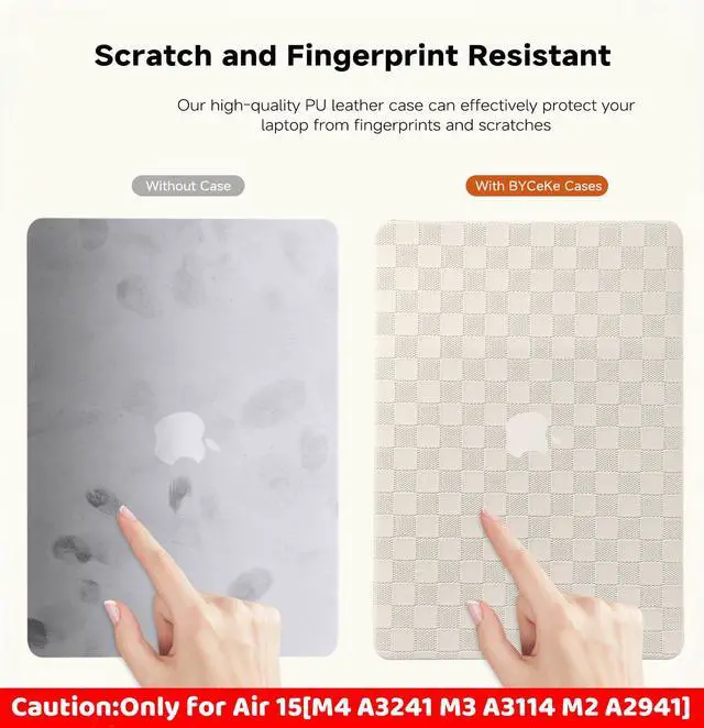 Alt view image 5 of 5 - BYCeKe Compatible with MacBook Air 15 inch Case 2023 2024 2025 M4 A3241 M3 A3114 M2 A2941, Checkered Textured Cream Leather Hard Shell Cases & Keyboard Cover for Mac Air 15 Laptop, Beige Checkerboard