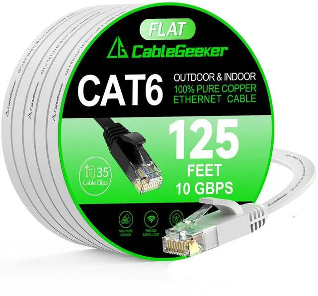 Main image of Cat 6 Ethernet Cable 125 ft, Indoor&Outdoor, High Speed 10Gbps Flat Internet Network Cable, Cat6 Ethernet Patch Cable Long, Computer LAN Cable with Free Clips & Straps for Router, Modem, PS4/5, White