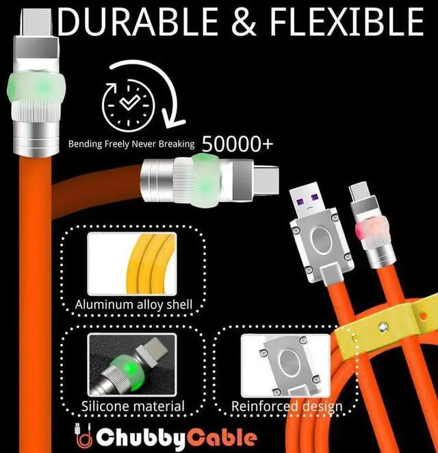 Alt view image 3 of 5 - chubbycable Neon Chubby - Fast Charge UFO Neon Cable Durable Charging Cable Ultra-Thick Silicone LED Light Up Phone Charger Cord, Light Blue, USB A to Type-C, 1.6FT
