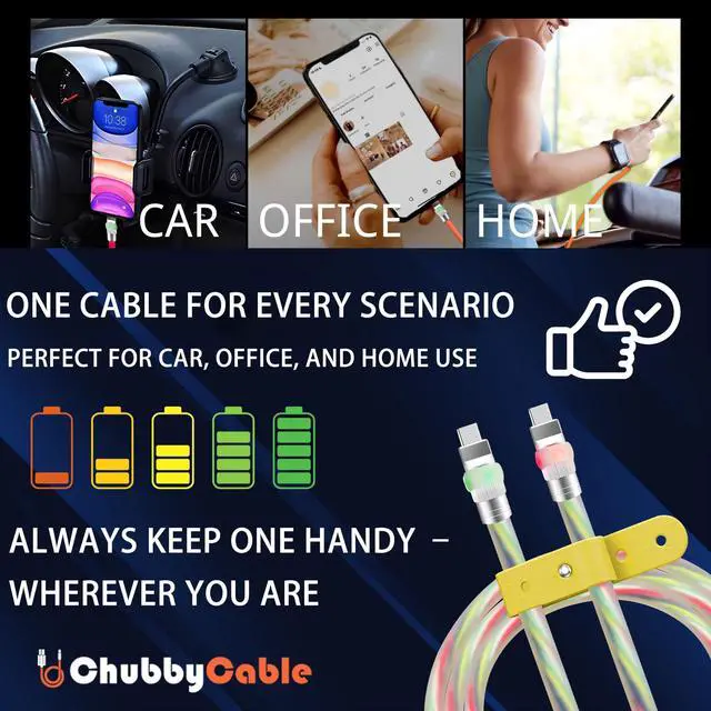Alt view image 4 of 5 - chubbycable Neon Chubby - Fast Charge UFO Neon Cable Durable Charging Cable Ultra-Thick Silicone LED Light Up Phone Charger Cord, Light Blue, USB A to Type-C, 1.6FT