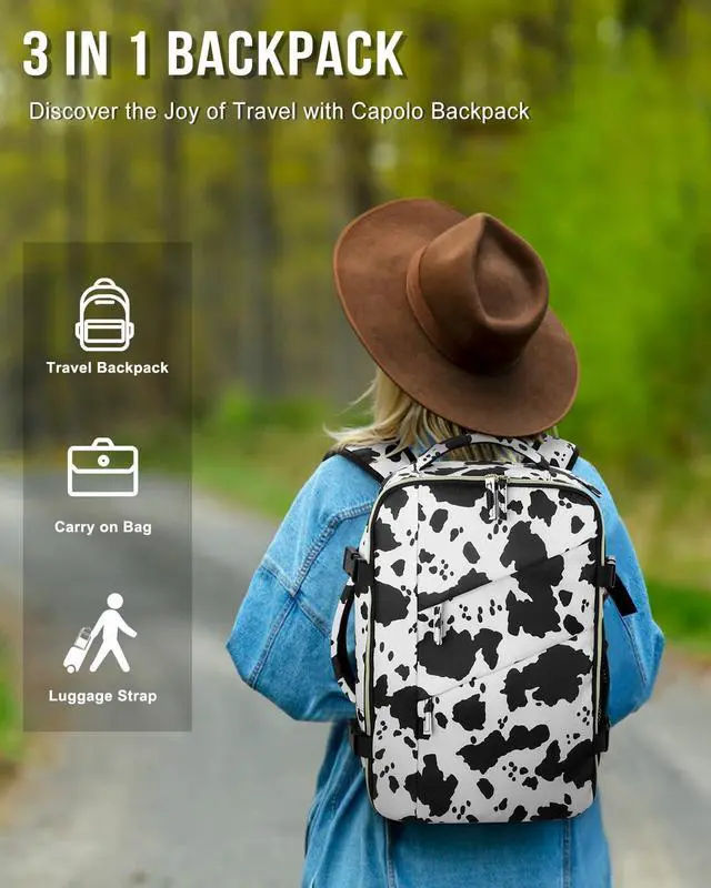Alt view image 2 of 5 - Capolo Travel Backpack for Women Men Waterproof Laptop Backpack Flight Approved Carry On Backpack Overnight Weekender Bag College Bookbag for Business, Work, Traveling Fits 15.6 '' Laptop,Cow Print
