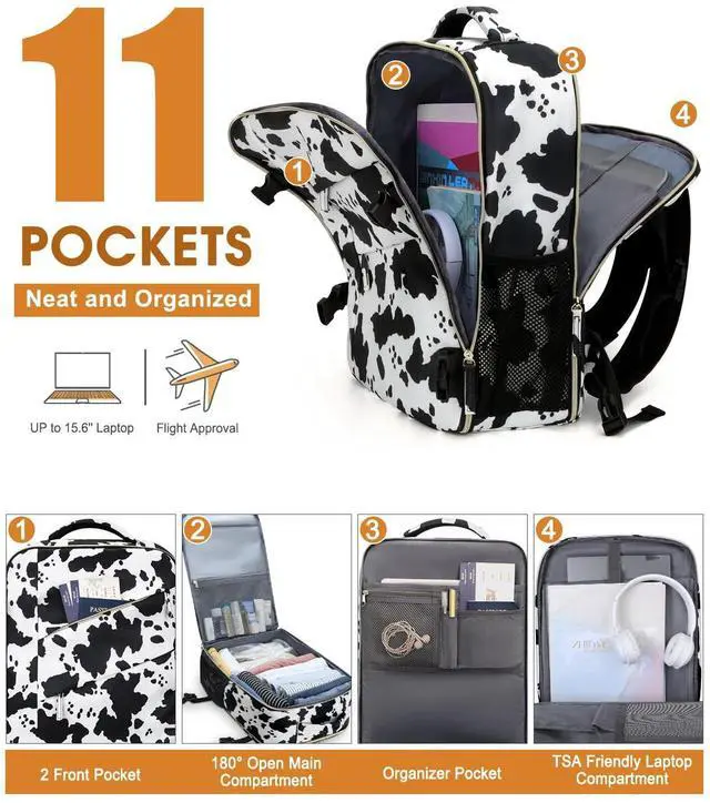 Alt view image 4 of 5 - Capolo Travel Backpack for Women Men Waterproof Laptop Backpack Flight Approved Carry On Backpack Overnight Weekender Bag College Bookbag for Business, Work, Traveling Fits 15.6 '' Laptop,Cow Print