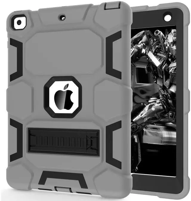 Main image of CCMAO Case for iPad 6th/5th Generation (9.7-inch, 2018/2017), iPad Air 2nd Generation Case (2014) with Kickstand, Hybrid Shockproof Protective iPad 9.7 Case for Kids Boys, Gray+Black