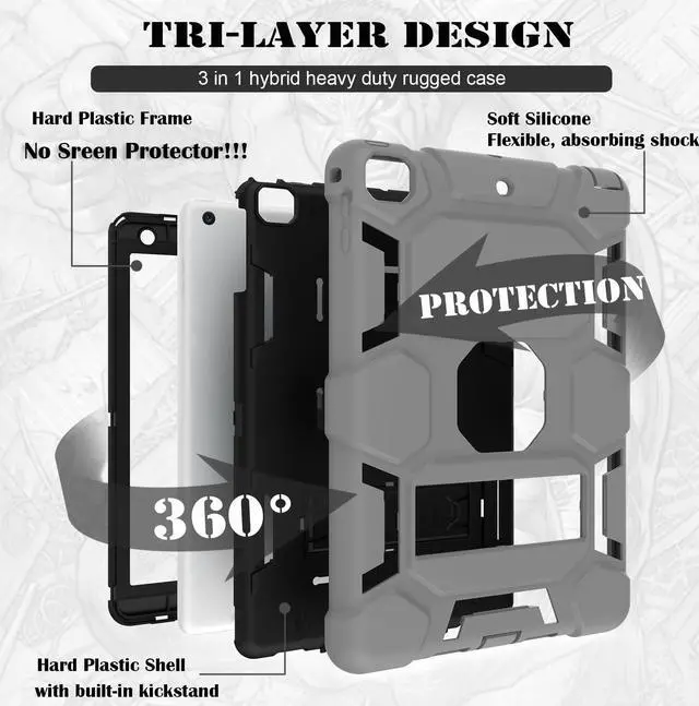 Alt view image 3 of 5 - CCMAO Case for iPad 6th/5th Generation (9.7-inch, 2018/2017), iPad Air 2nd Generation Case (2014) with Kickstand, Hybrid Shockproof Protective iPad 9.7 Case for Kids Boys, Gray+Black