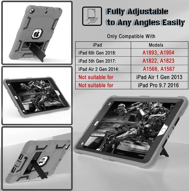 Alt view image 2 of 5 - CCMAO Case for iPad 6th/5th Generation (9.7-inch, 2018/2017), iPad Air 2nd Generation Case (2014) with Kickstand, Hybrid Shockproof Protective iPad 9.7 Case for Kids Boys, Gray+Black