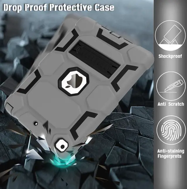 Alt view image 5 of 5 - CCMAO Case for iPad 6th/5th Generation (9.7-inch, 2018/2017), iPad Air 2nd Generation Case (2014) with Kickstand, Hybrid Shockproof Protective iPad 9.7 Case for Kids Boys, Gray+Black