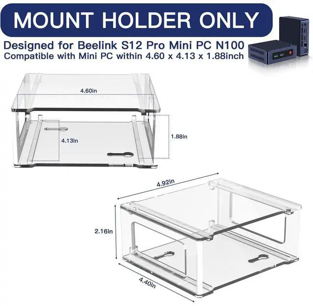 Alt view image 3 of 5 - CaSZLUTION Wall Mount and Under Desk Mount Stand Holder for Beelink S12 Pro Mini PC, Acrylic Protector Case Compatible with Beelink Mini S12 Pro N100, Mini S12 N95 Mini PC (Clear)