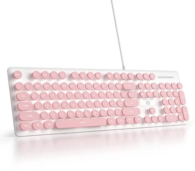 Main image of Mosptnspg Wired Quiet Membrane Keyboard,Full Size 104-Keys Retro Punk Typewriter White LED Backlit ,USB Ultra Slim Gaming Keyboard with ABS Round keycaps for Windows/PC/Laptop (Pink)