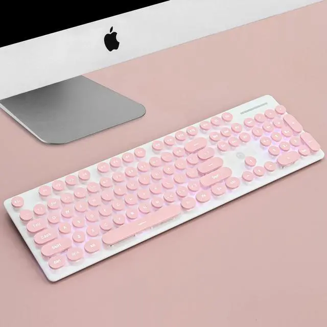 Alt view image 2 of 5 - Mosptnspg Wired Quiet Membrane Keyboard,Full Size 104-Keys Retro Punk Typewriter White LED Backlit ,USB Ultra Slim Gaming Keyboard with ABS Round keycaps for Windows/PC/Laptop (Pink)