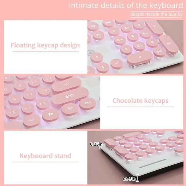 Alt view image 4 of 5 - Mosptnspg Wired Quiet Membrane Keyboard,Full Size 104-Keys Retro Punk Typewriter White LED Backlit ,USB Ultra Slim Gaming Keyboard with ABS Round keycaps for Windows/PC/Laptop (Pink)