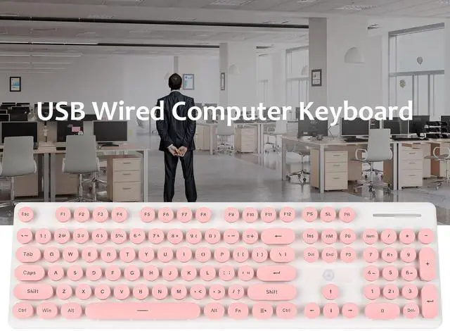 Alt view image 5 of 5 - Mosptnspg Wired Quiet Membrane Keyboard,Full Size 104-Keys Retro Punk Typewriter White LED Backlit ,USB Ultra Slim Gaming Keyboard with ABS Round keycaps for Windows/PC/Laptop (Pink)