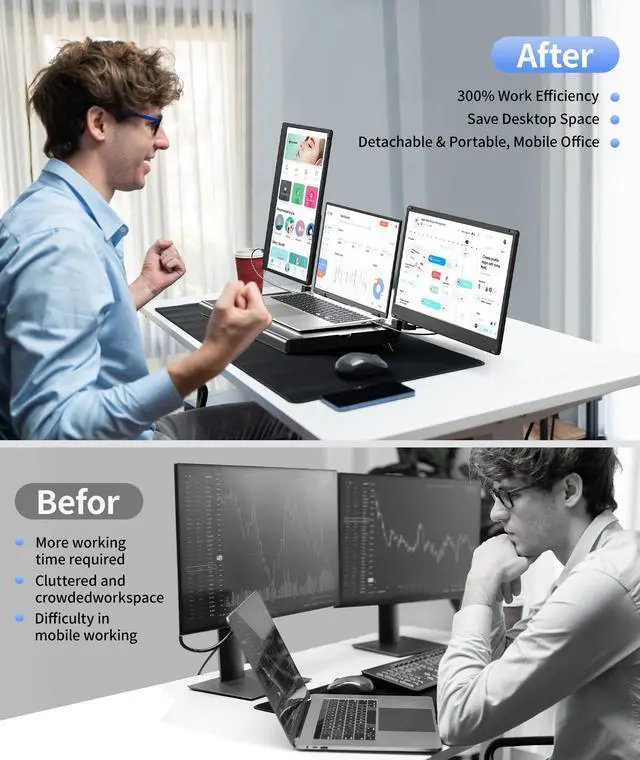 Alt view image 3 of 5 - Cevaton Laptop Screen Extender, Detachable Screen-14 FHD 1080P Triple Portable Monitor, Monitor Extender Upgrade Cooling Base Laptops, Plug and Play, Compatible with Windows, Mac, Chrome