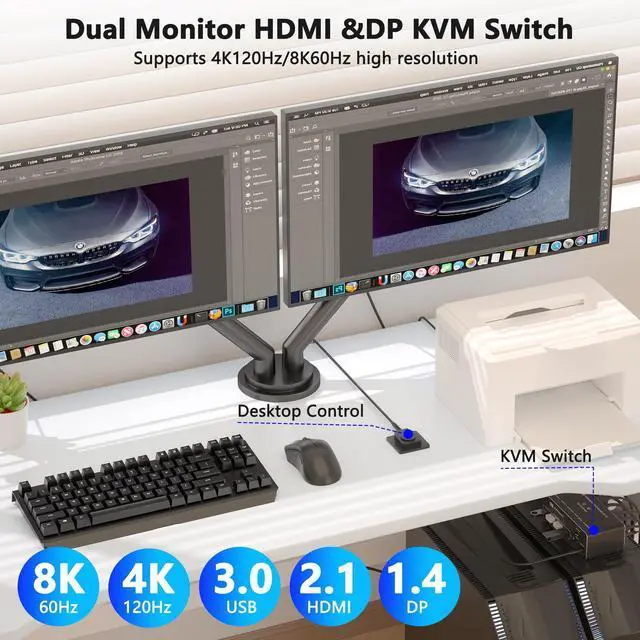 Alt view image 3 of 5 - KVM Switch 2 Monitors 2 Computers, 8K HDMI+DP Dual Monitor KVM Switch, USB 3.0 Hub for 2 PC Share 2 Screens, Support Extended/Copy Mode with Desktop Controller with 2 USB Cables & Desktop Controller