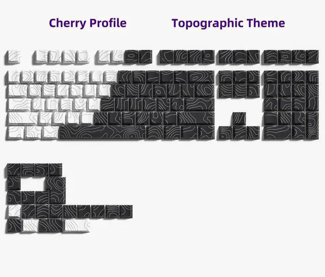Alt view image 2 of 5 - Double Shot PBT keycaps,White and Black,Topographic keycaps,Lines Backlit,Shine Through keycap,Side Printed keycap,dye Sublimation,Cherry Profile Keyboard caps for TKL US Layout Mechanical Keyboard