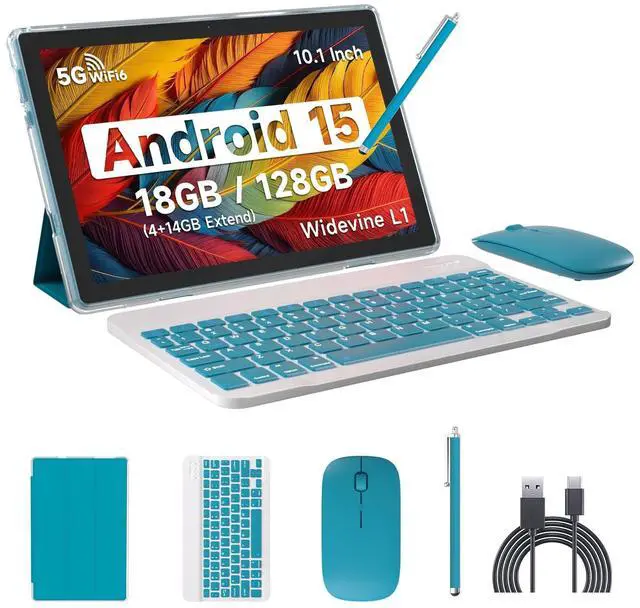 Main image of Android 15 Tablet, 10 inch 18GB RAM+128GB ROM Tablet Support 2TB Expand, 2 in 1 Tablets with Keyboard Case Mouse Stylus, 2.0Ghz Quad-core Processor, 8MP Camera, 6000mAh Battery, 2.4G/5G Wifi 6 BT 5.0