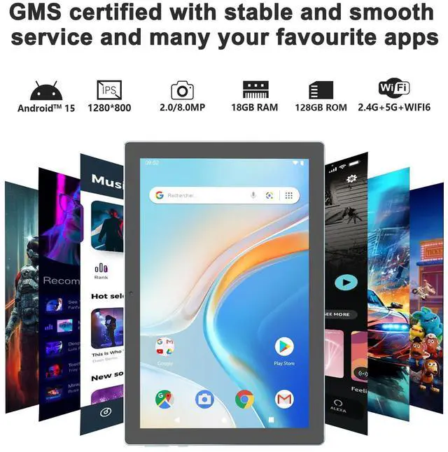 Alt view image 2 of 5 - Android 15 Tablet, 10 inch 18GB RAM+128GB ROM Tablet Support 2TB Expand, 2 in 1 Tablets with Keyboard Case Mouse Stylus, 2.0Ghz Quad-core Processor, 8MP Camera, 6000mAh Battery, 2.4G/5G Wifi 6 BT 5.0